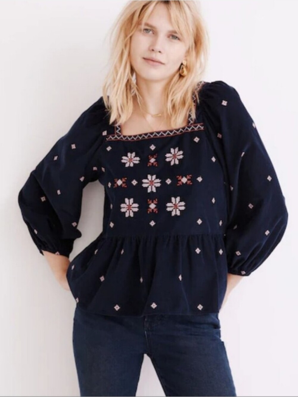 Madewell Embroidered Corduroy Button Back Peplum Top Navy Boho Size M